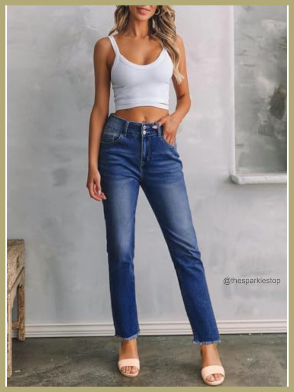 High Waisted Raw Hem Straight Leg Jeans | Double Button Tummy Control Stretch - Picture 5 of 6